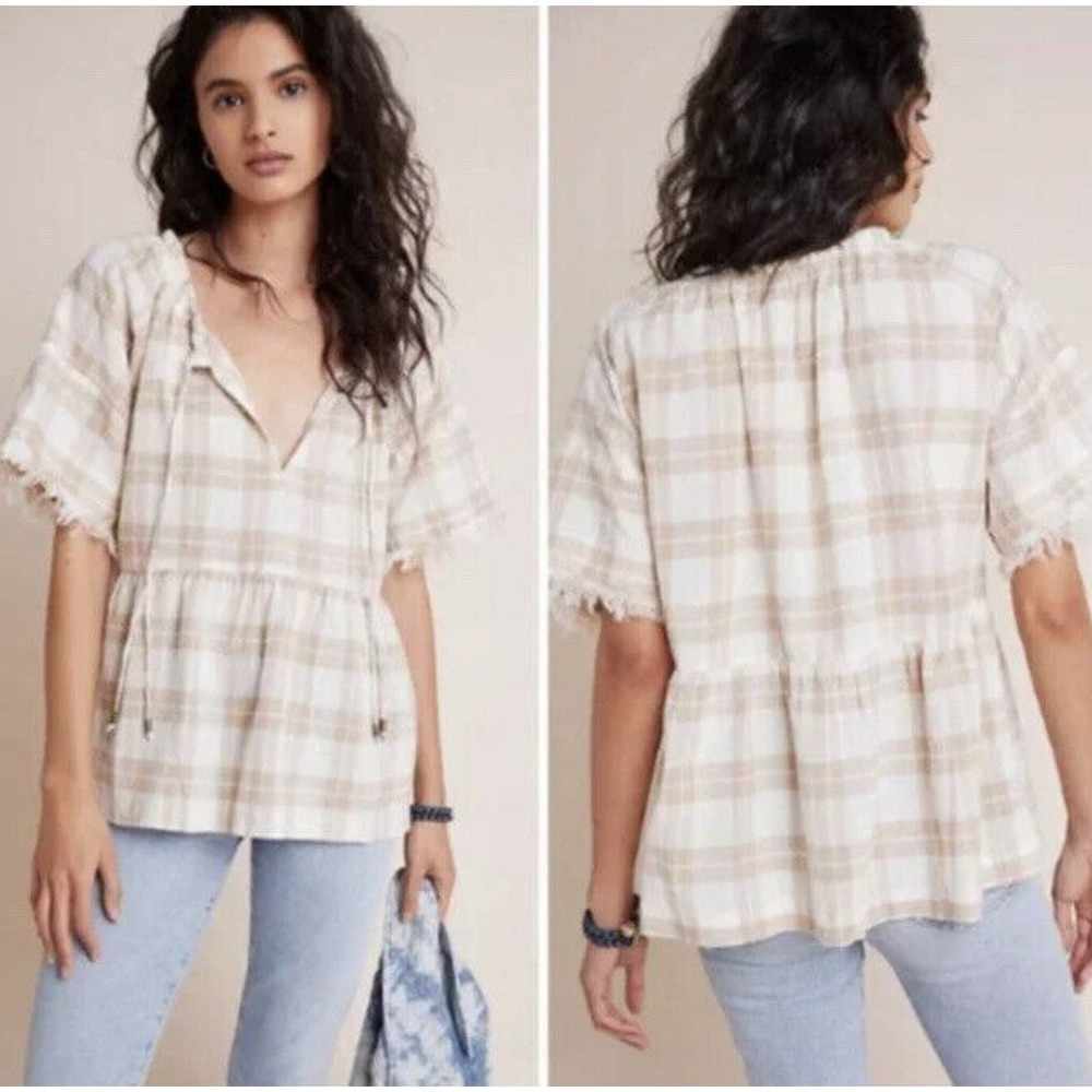 Anthropologie Pilcro Bette Plaid Babydoll Blouse Medium M Beige White